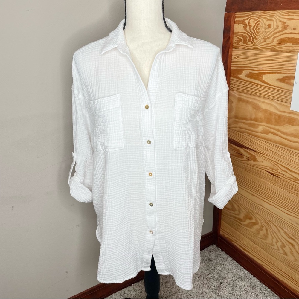 Magaschoni White Muslin Gauzy Organic Cotton Collared Button Up Top Medium